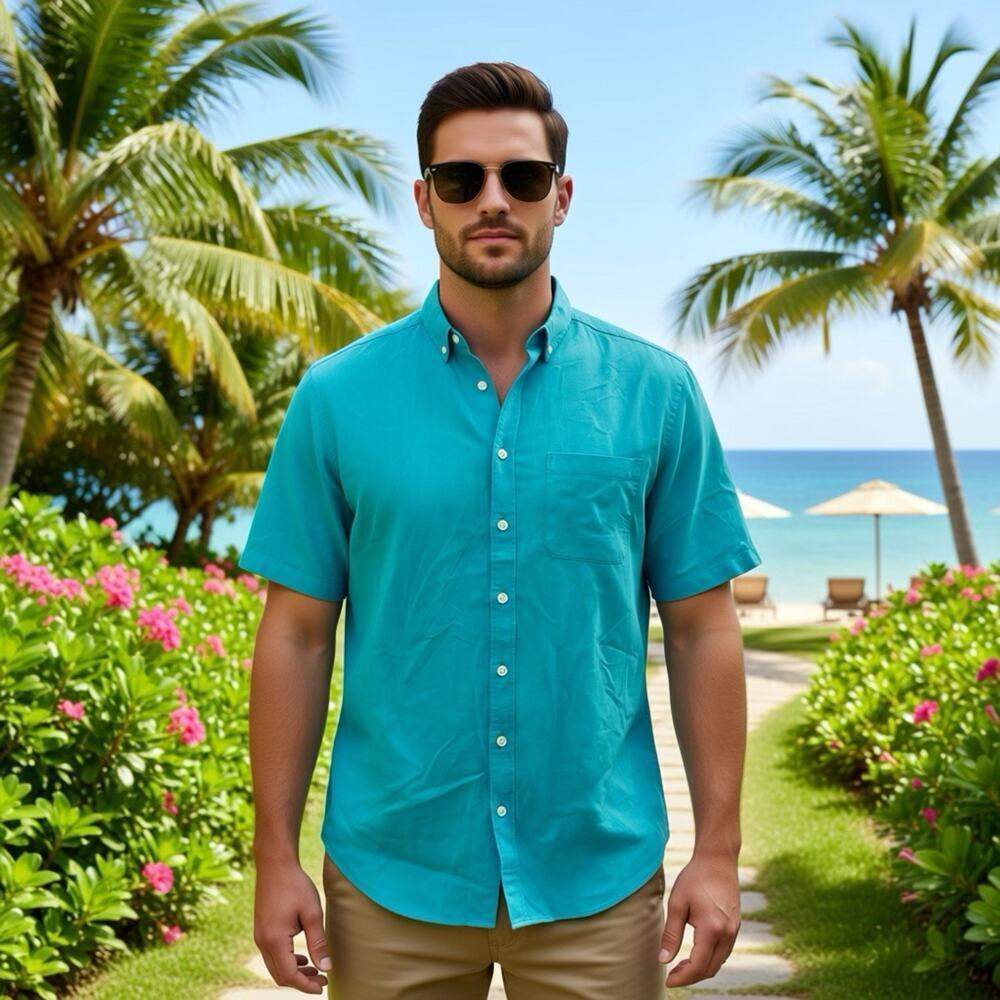 Territory Ahead Shirt Men MT ButtonUp Boho Cotton Blend Casual Aqua Blue Beach